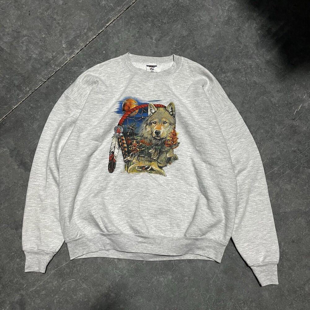 Vintage Wolf  Sweatshirt 90s Heavy Thick Gray Men's XLarge